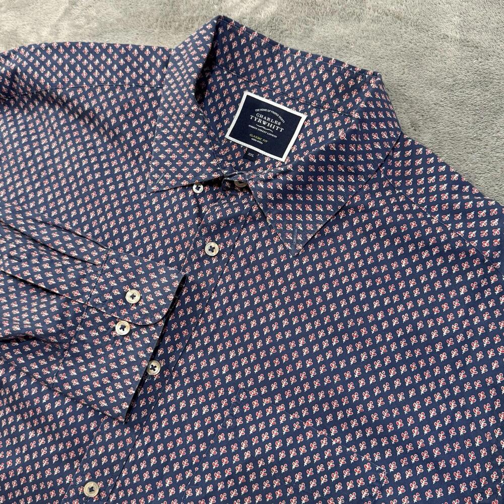 Charles Tyrwhitt Shirt Mens 2XL Navy Non-Iron Classic Fit Floral Button Down XXL
